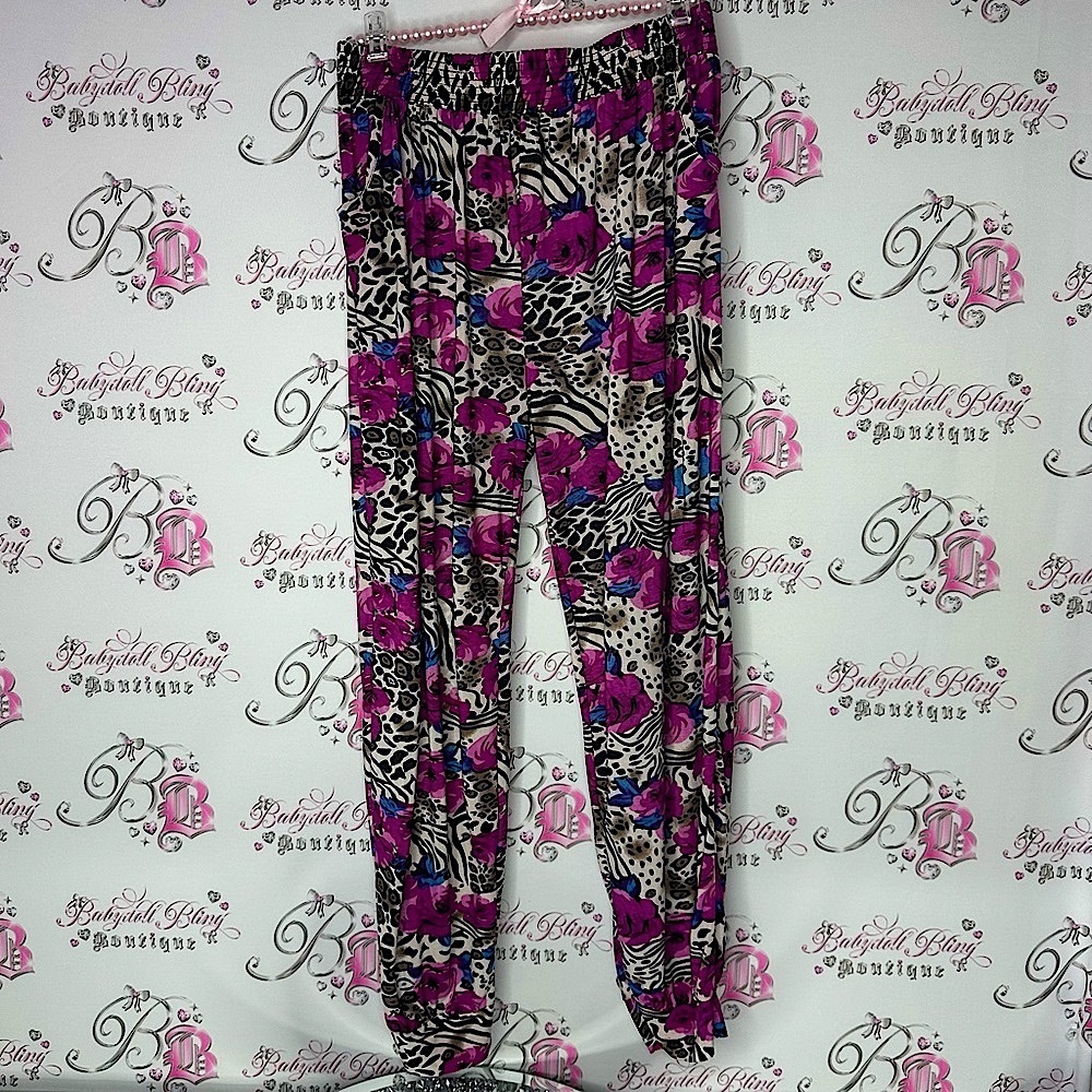 Pants cheetah print zebra floral purple black blue white stretchy jogger hippie